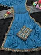 Crepe Solid Saree for Women, Blue 