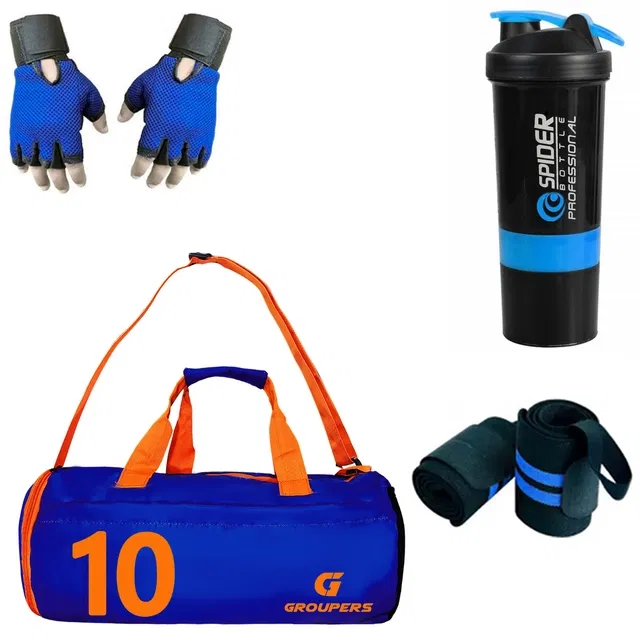 Polyester Printed Gym Bag with 2 Pcs Wristband, Gloves & Shaker Bottle (500 ml) for Men & Women (Multicolor, Set of 1)