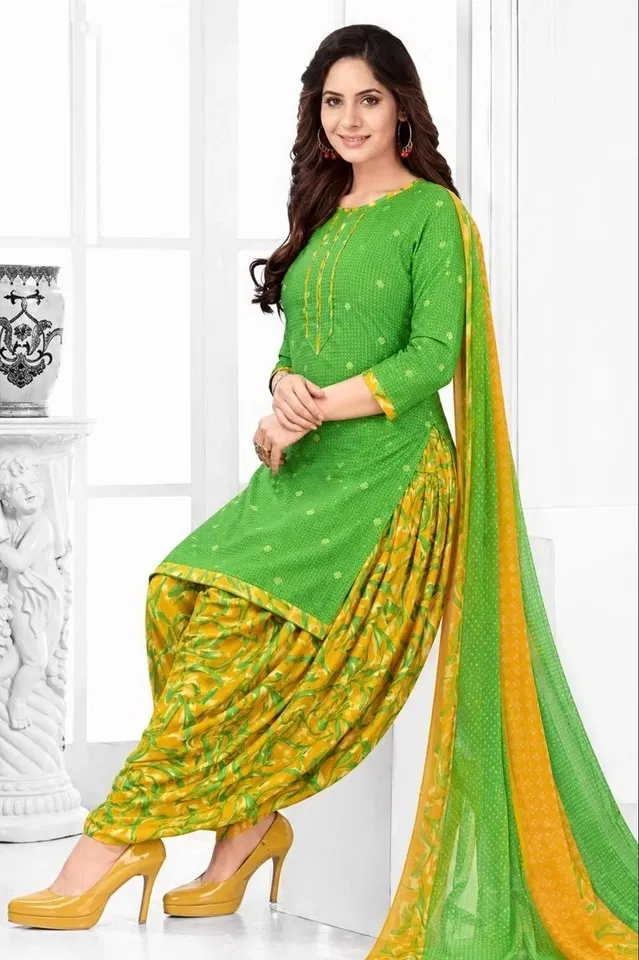Crepe Floral Punjabi Suits for Women (Green, Green)