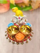 Metal Decorative Ganpati Haldi Kumkum Stand with 2 Roli Chawal Holder, Multicolor