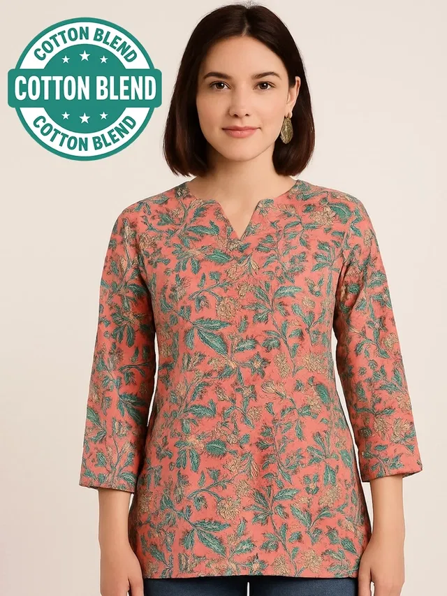 Cotton Floral Print Short Kurti for Women (Multicolor, XL)