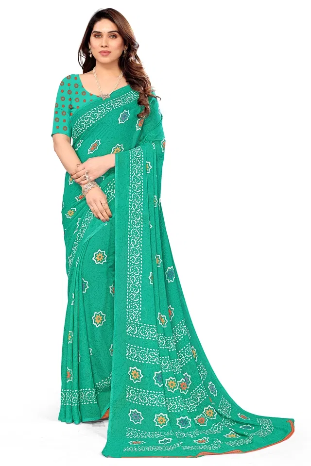 Georgette Printed Saree for Women (Teal, 6.3 m)