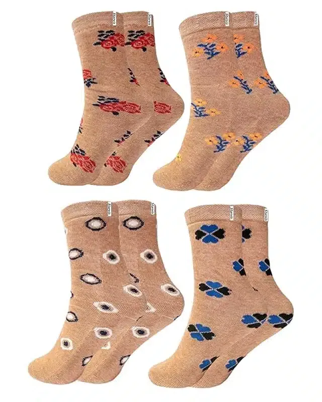 Woolen Breathable Ankle Length Socks for Women (Beige, Set of 4)