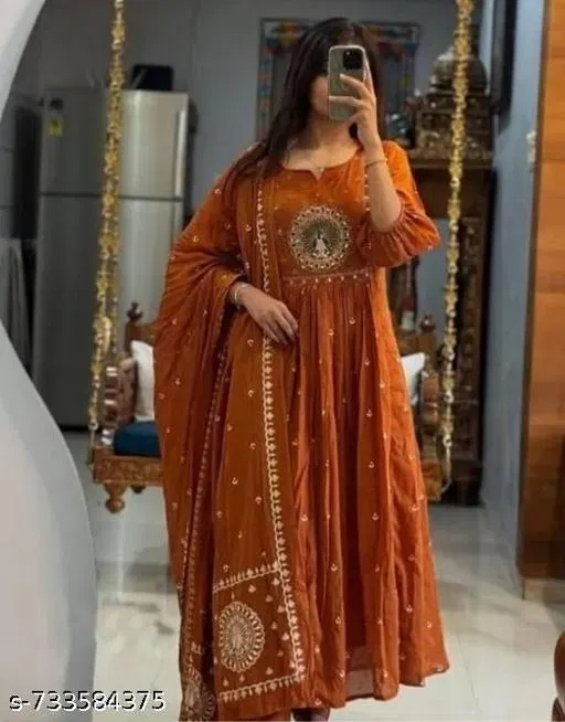 Embroidered Flared Kurta Set for Women (Orange, M)