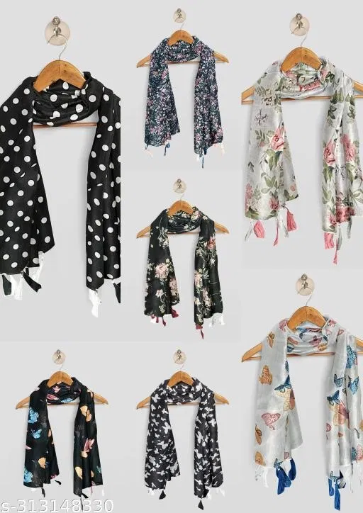 Printed Chiffon Scarves with Tassels for Women, Multicolor, Pack of 7