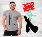 Round Neck Printed T-Shirt with Arm Sleeves for Men (Grey & Black, S) (Set of 2)