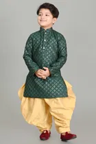 Dupion Silk Printed Kurta with Dhoti for Boys, Bottle Green & Beige 