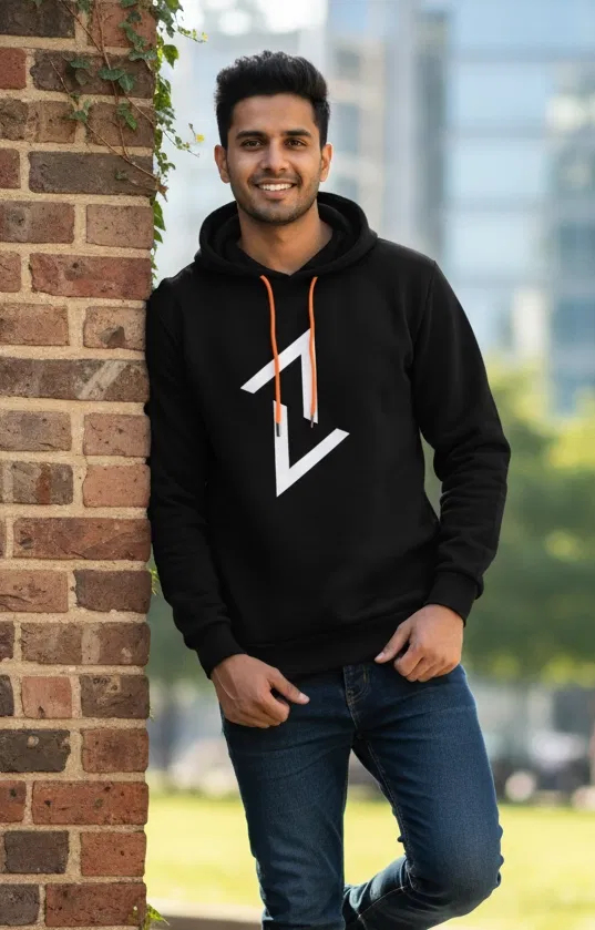 Fleece Printed Hoodie for Men, Black (XL)