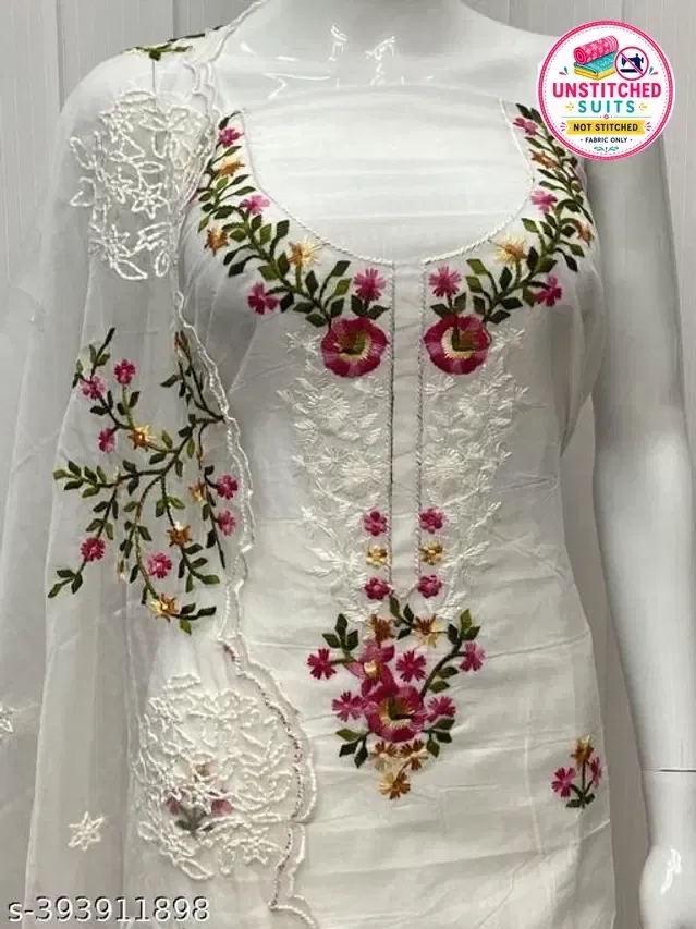 Embroidered Unstitched Suit for Women (White, 2.25 m)