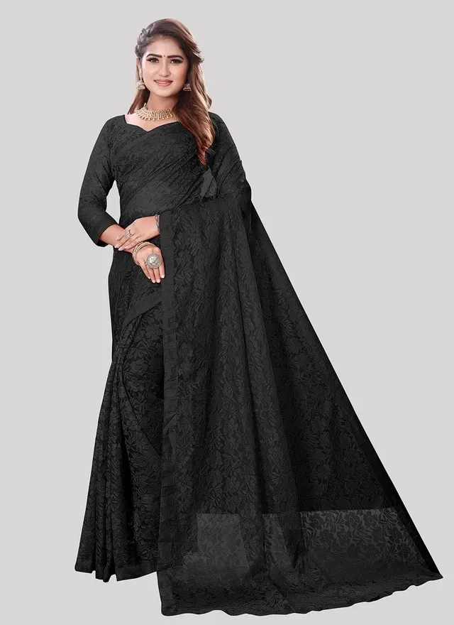 Net Floral Saree for Women (Black, 6.3 m)