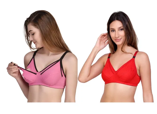 Cotton Blend Solid Non Padded Feeding Bras for Women (Multicolor, 3XL) (Pack of 2)
