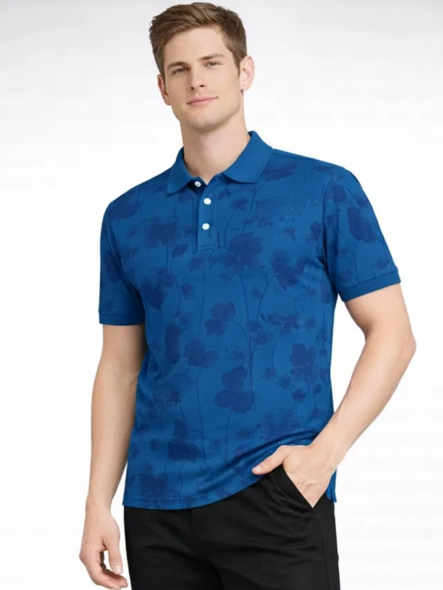 Polo Printed Cotton Blend T-shirt for Men (Teal, L)