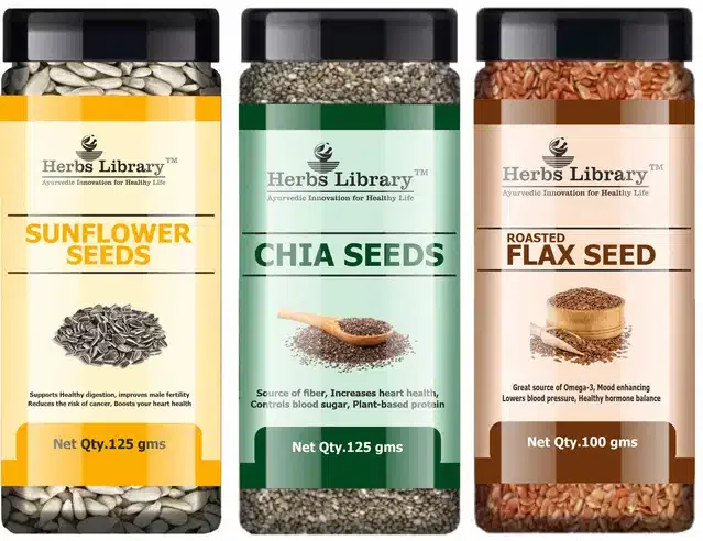 Herbs Library Sunflower Seeds, Chia Seeds and Roasted Flax Seeds (Pack of 3, 125 g)