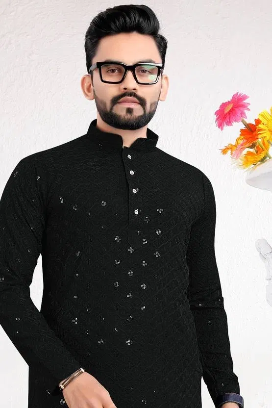 Cotton Blend Sequin Kurta for Men (Black, L)