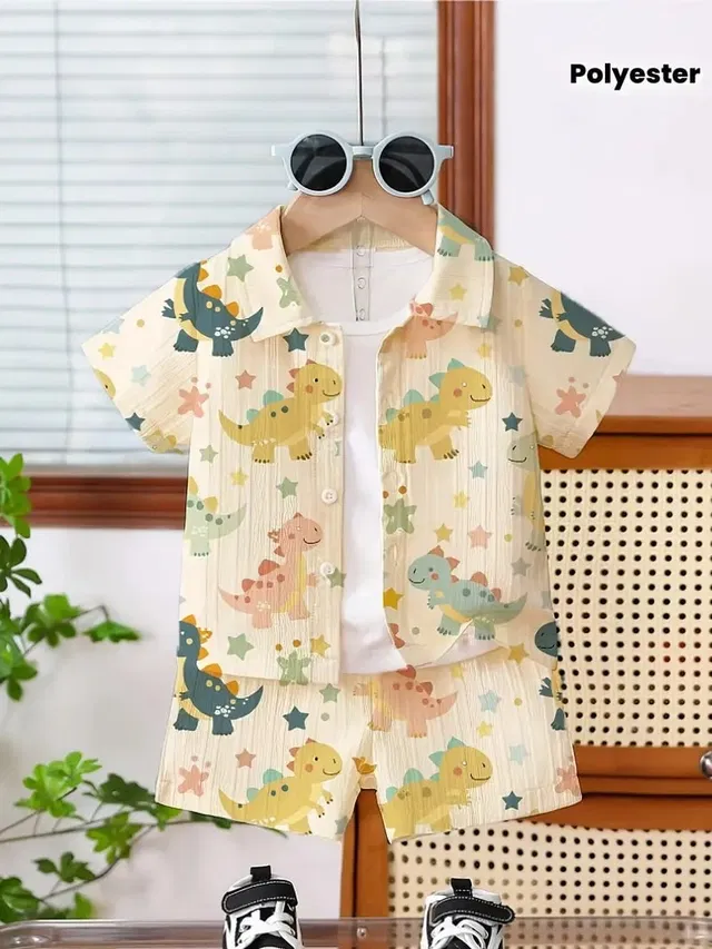 Poly Cotton Animal Print Clothing Set for boys, White (1-2 Years)