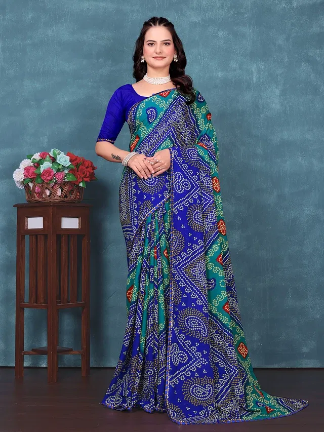 Georgette Printed Saree for Women (Blue, 6.3 m)