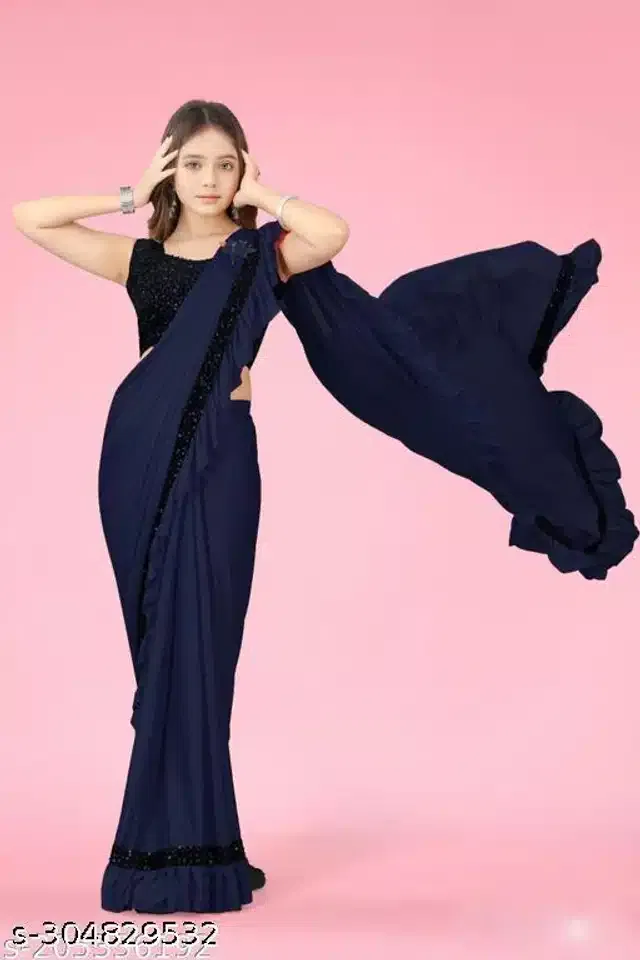 Ready to Wear Saree for Girls (Blue, 10-11 Years)