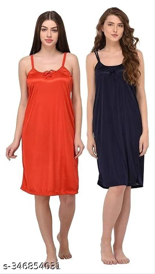 Satin Solid Nightdress for Women, Red & Navy Blue, Pack of 2 (XL)