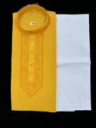 Cotton Embroidered Kurta with Pyjama for Men (Yellow & White, M)