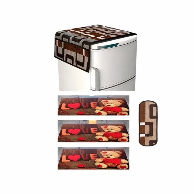 5 Pcs Fridge Cover (Multicolor, Set of 1) 3 Pcs Mat with Top & Handle Cover