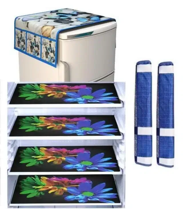 Knit Printed Fridge 4 Pcs Mat with 2 Pcs Handle & Top Cover (Multicolor, Set of 1)