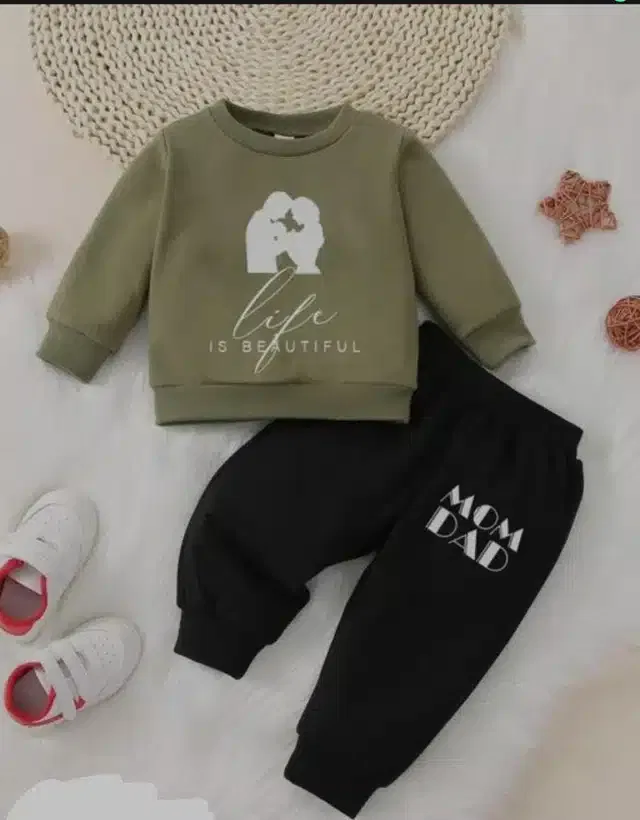 Full Sleeves Printed Top & Bottom Set for Kids (Olive & Black, 12-18 Months)
