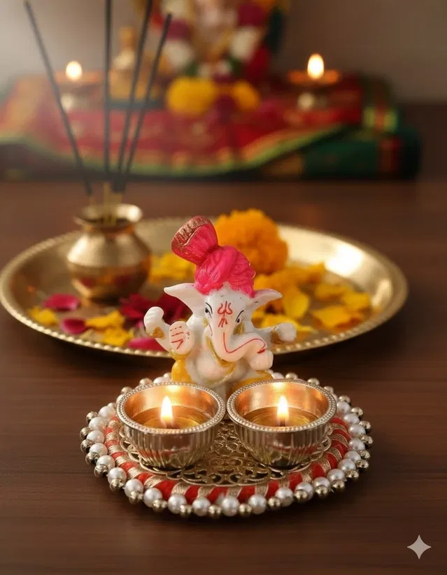 Metal Decoretive Pooja Thali, Multicolour Pack of 1