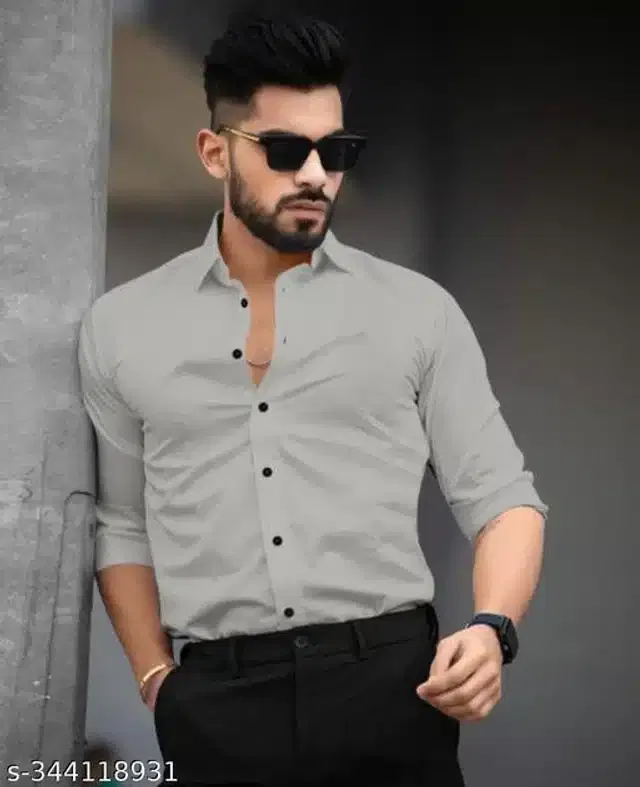 Cotton Full Sleeves Shirt for Men (Light Grey, L)