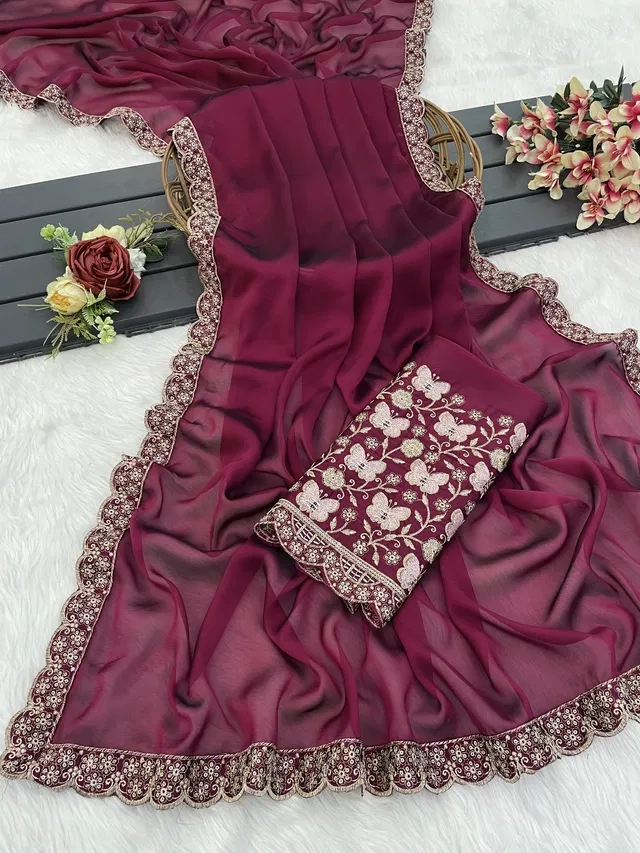 Chiffon Woven Design Saree for Women (Red, 6.3 m)