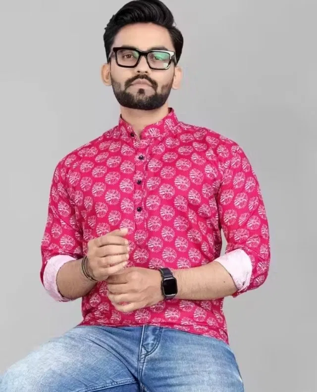 Cotton Blend Printed Short Kurta for Men (Pink, XXL)