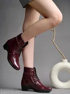 Shoetopia Solid Patent Leather Heeled Boots Red 