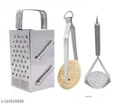 Stainless Steel Vegetable Grater cum Slicer with Cooking Tong & Vegetable Masher (Silver, Set of 3)