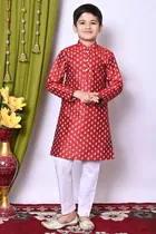 Dupion Silk Printed Kurta with Payjama for Boys, Maroon & White 