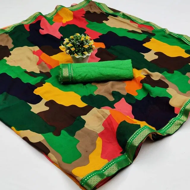 Kanooda Fancy Women Georgette Flower Printed Saree (Green, 5.5 M) (K6)