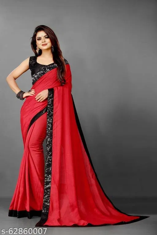 Vichitra Silk Applique Saree For Women, Red