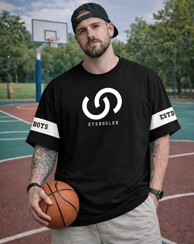 Round Neck Printed Cotton Blend T-shirts for Men (Black, M)