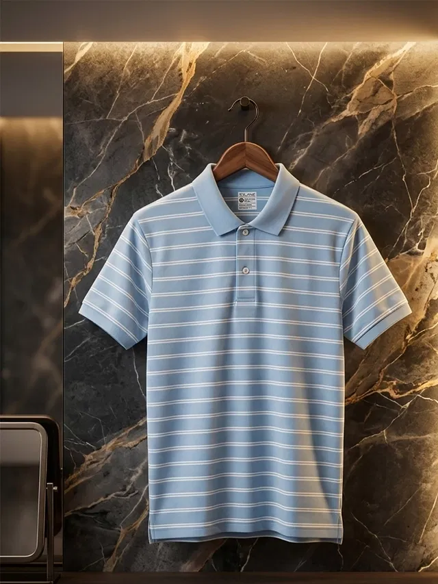 Striped Polo T-shirt for Men (Sky, XXL)