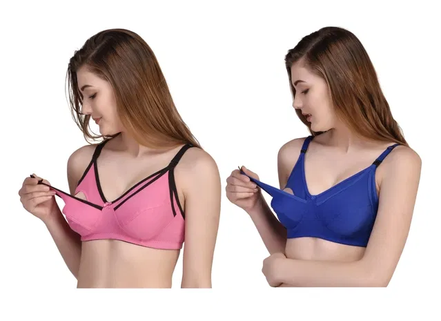 Cotton Blend Solid Non Padded Feeding Bras for Women (Multicolor, 38) (Pack of 2)