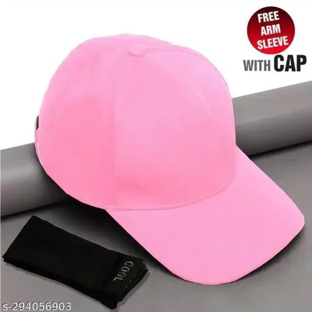 Cotton Arm Sleeves & Cap for Men & Women (Black & Pink, Set of 2)