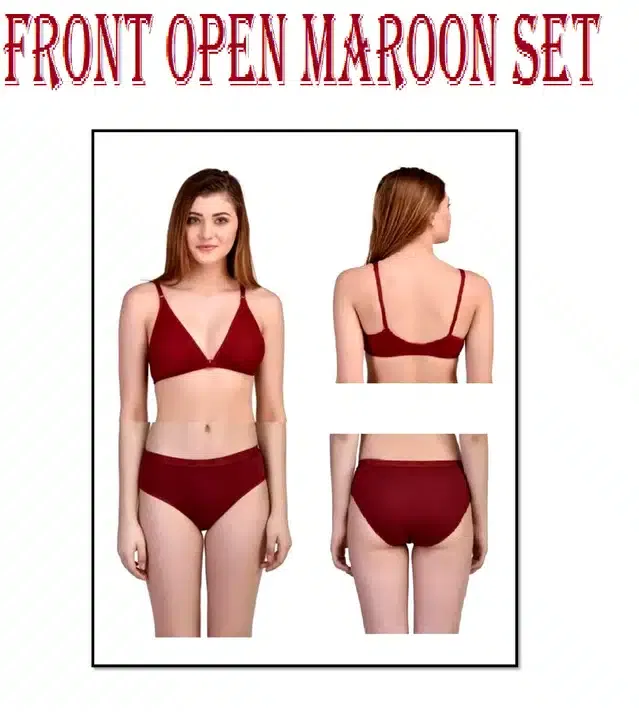 Cotton Blend Non Padded Lingerie Set for Women (Maroon, 36)
