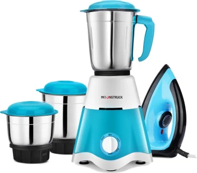 Moonstruck Combo Pack – 750W Juicer Mixer Grinder With Iron (3 Jars, Blue, Black)