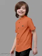 Solid Cotton Blend Mandarin Collar Short Sleeve Shirt for Boys 