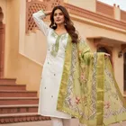 Cotton Silk Embellished Unstitched Suits Fabric for Women, White & Green