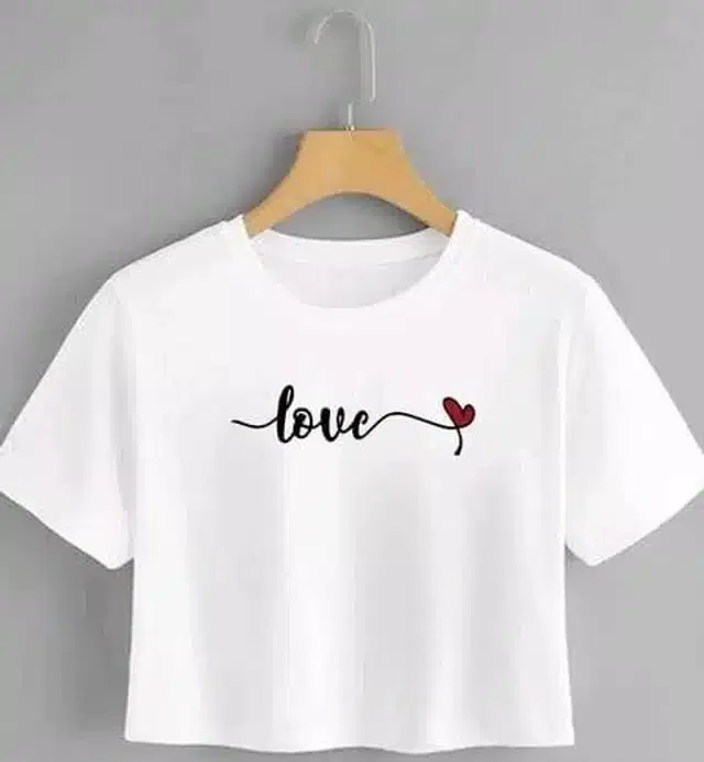 Printed Crop T-shirt for Women (White, L)