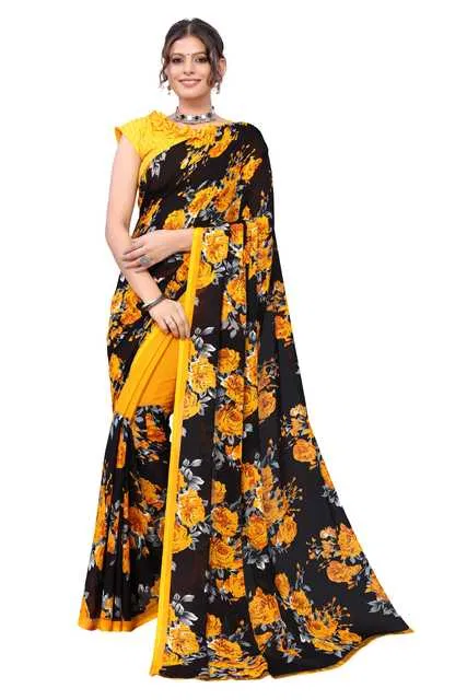 Women Georgette Printed Saree With Unstitched Blouse (Yellow) (SD-19)