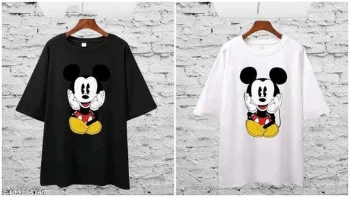 Cotton Blend Printed T-Shirt for Women, White & Black, Pack of 2 (M)