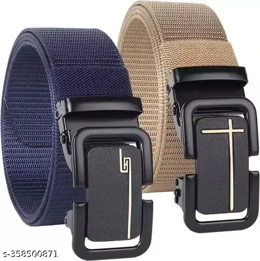 Nylon Textured Belts for Men (Blue & Beige) (Pack of 2)