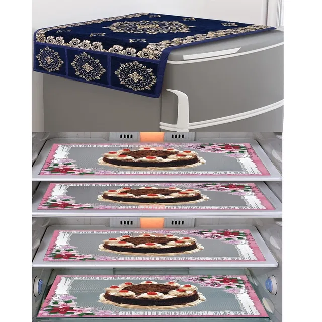 PVC Waterproof Fridge Top Cover with 4 Pcs Shelf Mats (Multicolor, Set of 1)
