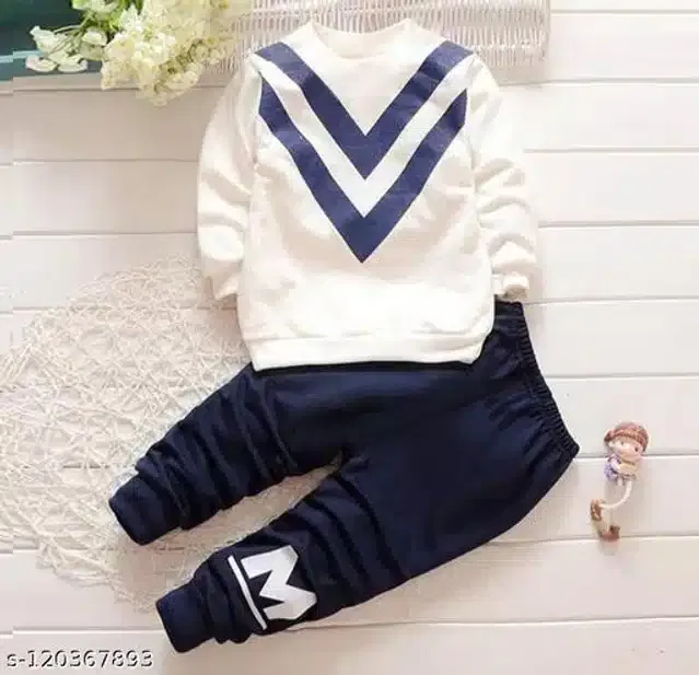 Hosiery Cotton Full Sleeves T-Shirt with Pant Clothing Set for Kids (White & Navy Blue, 3-6 Months)
