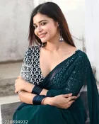 Georgette Solid Saree For Women, Green